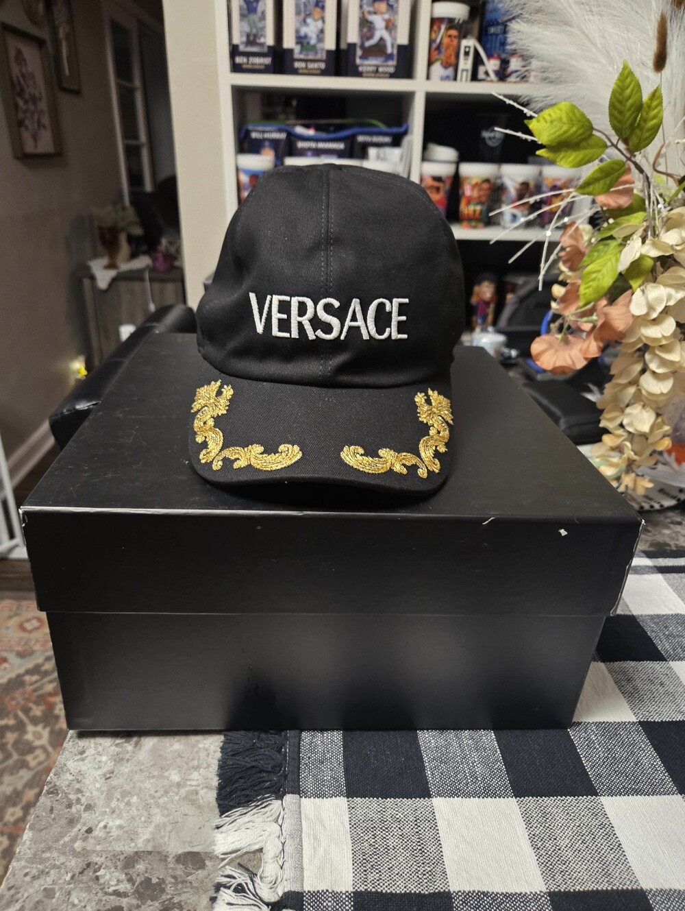 Versace Black Cap with Gold Embroidered Baroque Trim